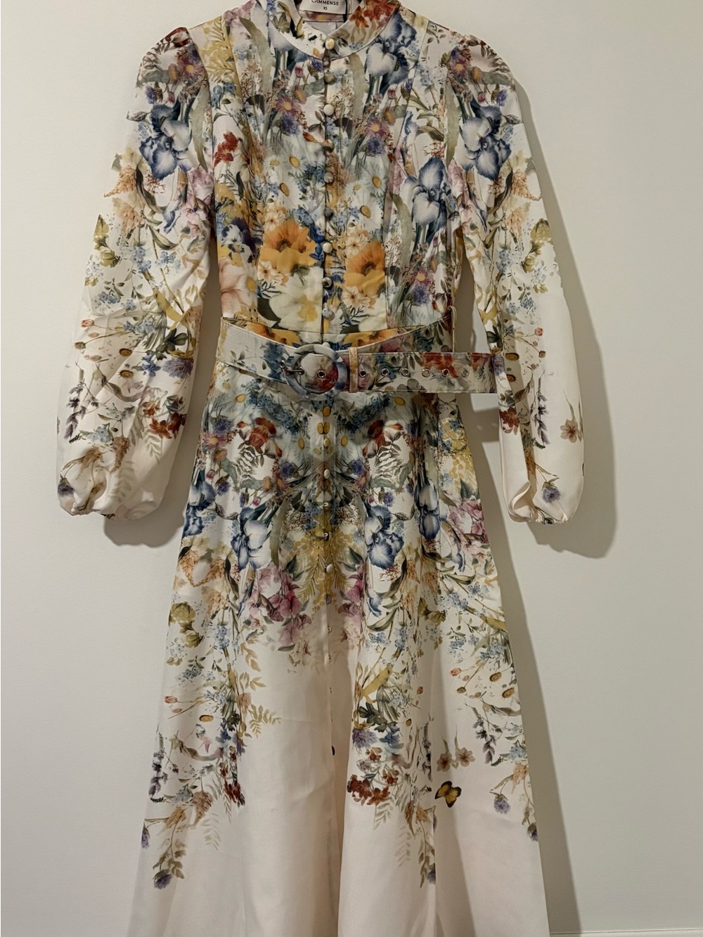 Commense White Floral Long-Sleeve Midi Dress with Belt